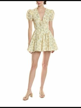 70°F/21°C- Yellow Floral V-Neck Puff Sleeve Mini Dress